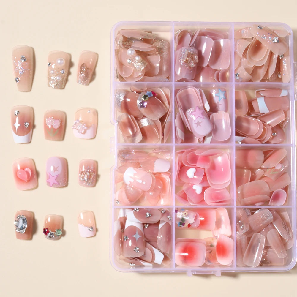 288pcs fake Nail chip set Short Multi-color Gentle temperament press nail removable For Women And Girls With Re-Usable Storage B