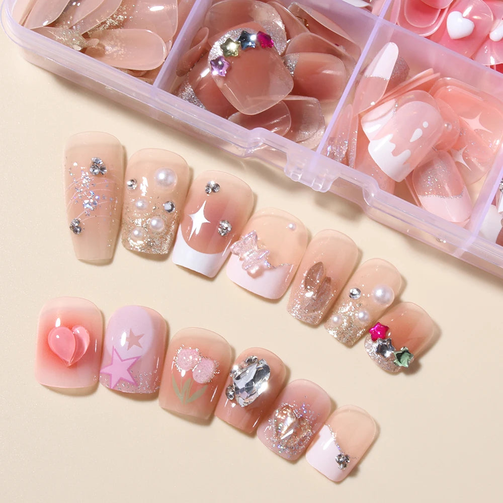 288pcs fake Nail chip set Short Multi-color Gentle temperament press nail removable For Women And Girls With Re-Usable Storage B