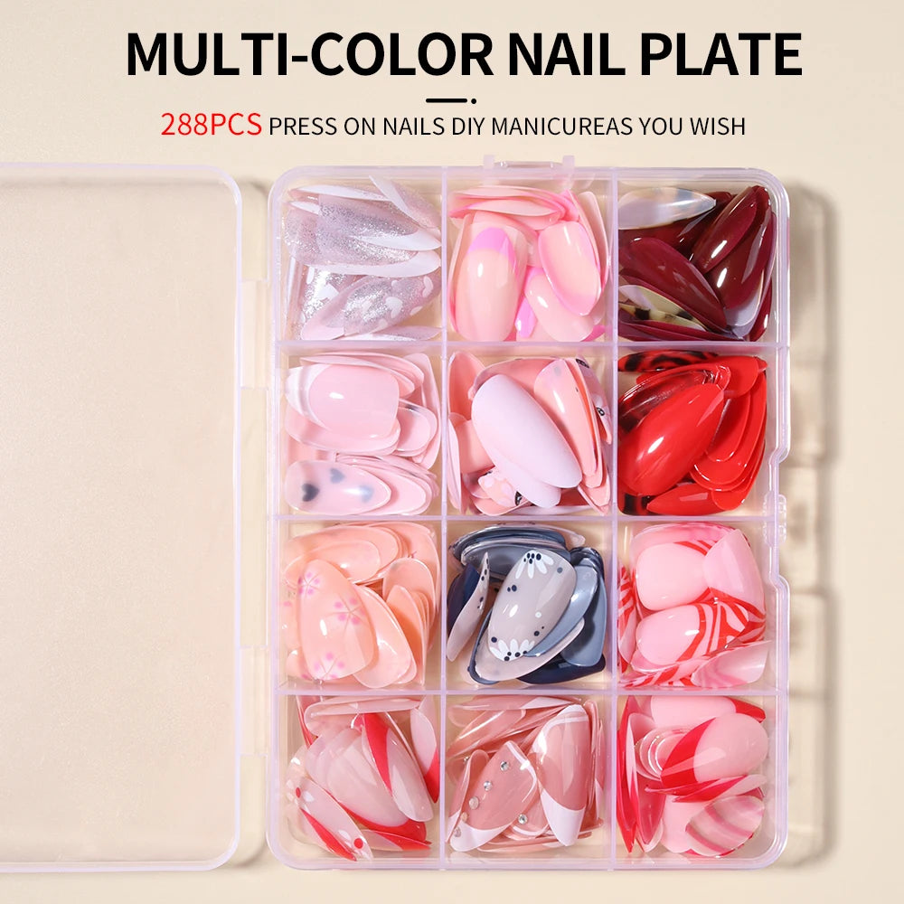 288pcs/Set(12mixed) almond nails Glossy Color Press On nails ,Acrylic Fake nails For Summer Nail Art GiftFor Women And Gir