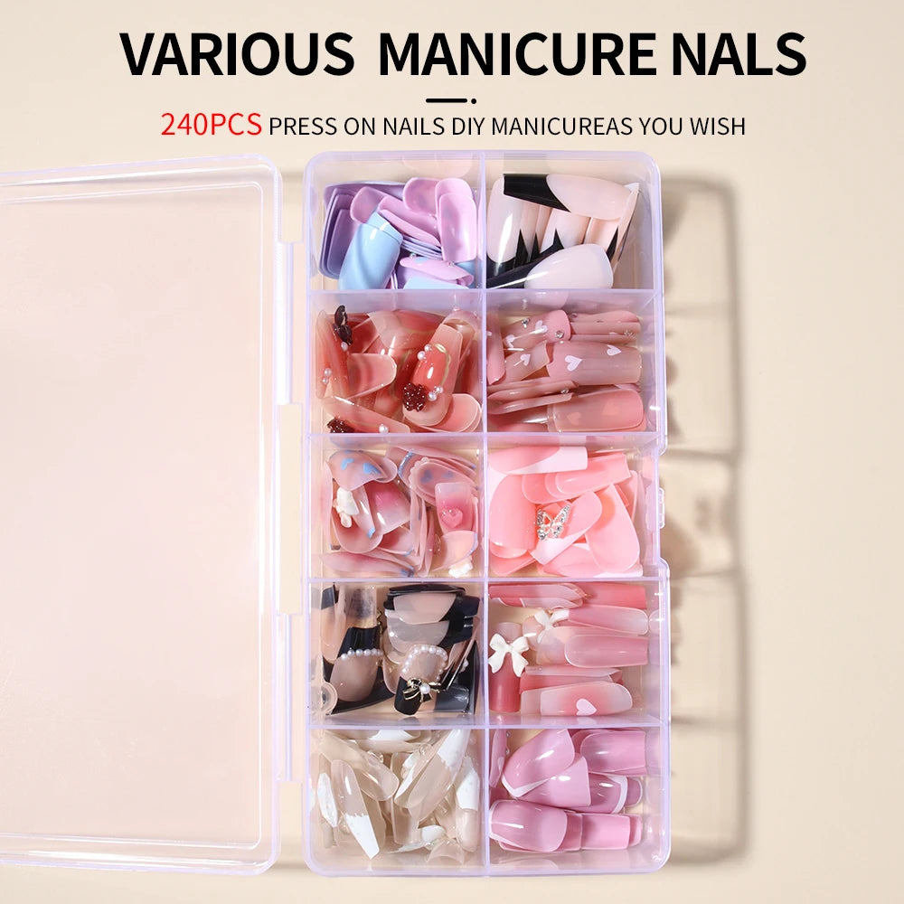 240pcs fake nail set, press nails, nail patches for daily wear by women and girls, removable, reusable, acrylic nails