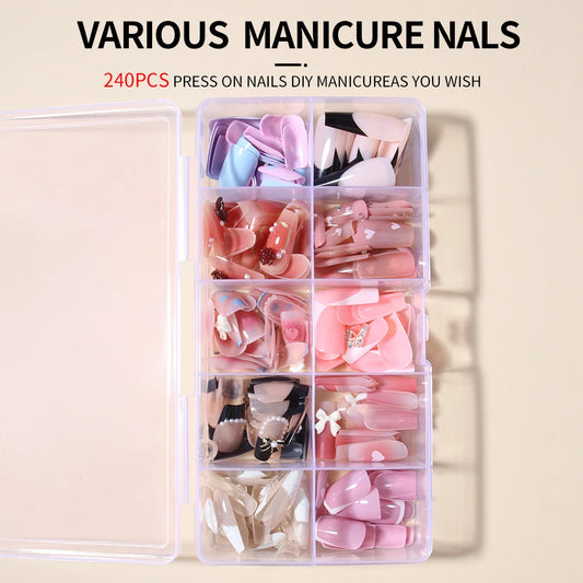 240pcs fake nail set, press nails, nail patches for daily wear by women and girls, removable, reusable, acrylic nails