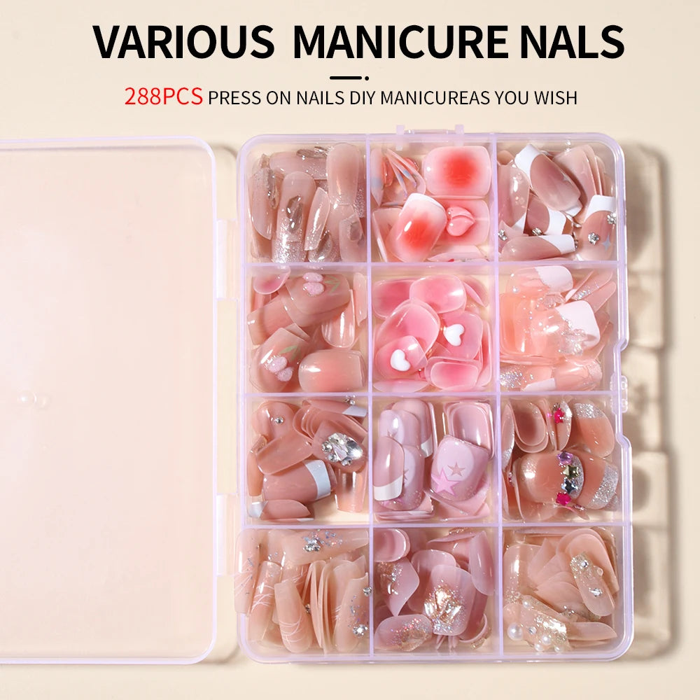 288pcs fake Nail chip set Short Multi-color Gentle temperament press nail removable For Women And Girls With Re-Usable Storage B
